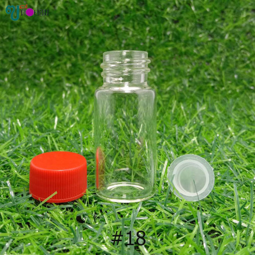ขวด 10 มล. (50 ใบ) แก้วกลมใส+จุก+ฝาพลาสติกแดง (GW.= 0.5 Kg.)