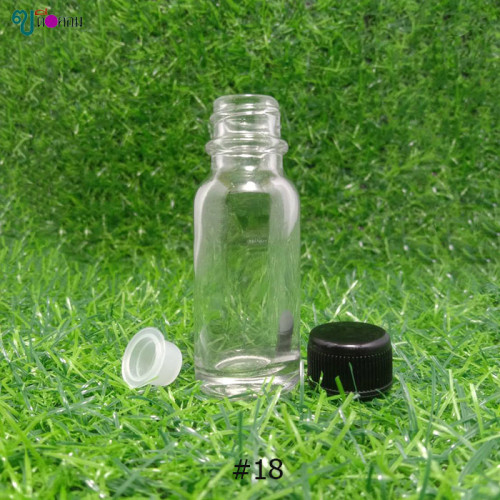 ขวด 15 มล. (50 ใบ) แก้วกลมใส+จุก+ฝาพลาสติกดำ (GW.= 0.8 Kg.)