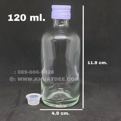 ขวด 120 มล.(12ใบ) แก้ว กลม  + ฝาหมุนบิดเกลียวขาว#22mm