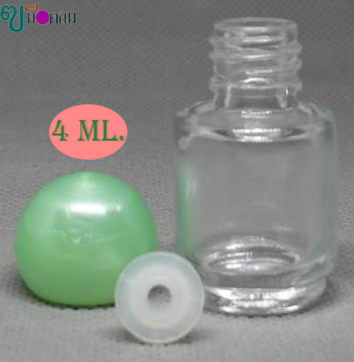 ขวด 4 มล.(100 ใบ)แก้วใส+จุกรู+ฝากลมสีเขียวมุก 1