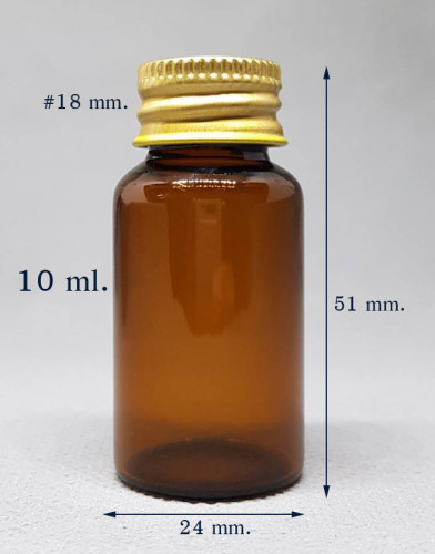 ขวด 10 มล.(12ใบ)สีชา+จุก+ฝาโลหะทอง