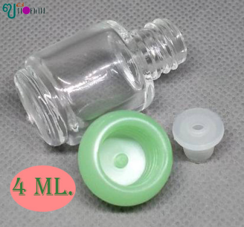 ขวด 4 มล.(100 ใบ)แก้วใส+จุกรู+ฝากลมสีเขียวมุก 3