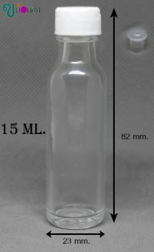 ขวด 15 มล. (12 ใบ) แก้ว กลมใส+จุกมีรู+ฝาพลาสติกขาว#14 (GW.=0.5 Kg.)