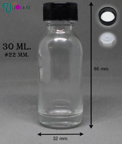 ขวด 30 มล.(100 ใบ) สีใส+จุกรู+ฝาพลาสติกสีดำมีโฟม