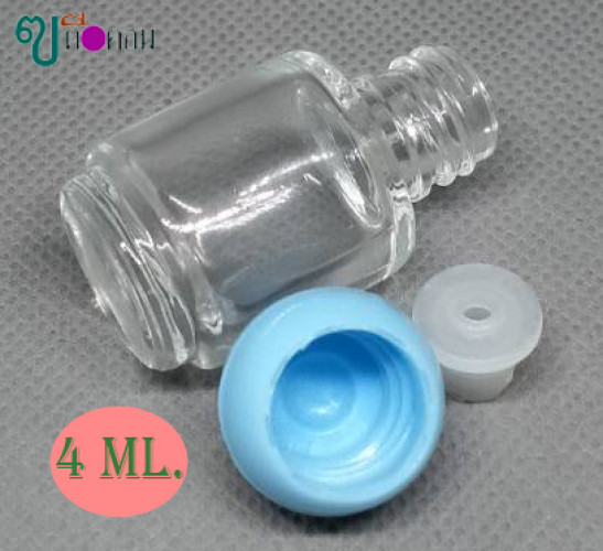 ขวด 4 มล.(100 ใบ)แก้วใส+จุกรู+ฝากลมสีฟ้า 3