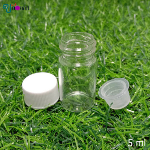 ขวด 5 มล. (50 ใบ) แก้วกลมใส+จุก+ฝาพลาสติกขาว (GW.= 0.5 Kg.)