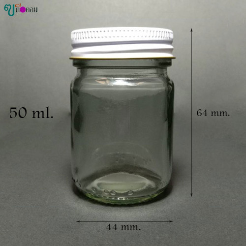 ขวด 50 มล.(100 ใบ) แก้วกลมใส+ ฝาโลหะขาว #41 mm. (GW.=4.6kg.)