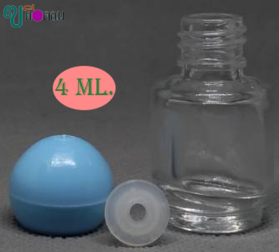 ขวด 4 มล.(100 ใบ)แก้วใส+จุกรู+ฝากลมสีฟ้า 1