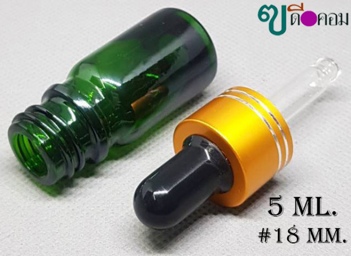 ขวด 5 มล.สีเขียวใส (100 ใบ) ฝาสีทองมีขีด+บีบดำ+หลอดแก้ว 2
