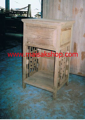 เฟอร์นิเจอร์ไม้สัก (Furniture)   ตู้หัวเตียงไม้สักหรือตู้ข้างเเตียงไม้สักแบบไทยโบราณลายฉลู 1 ลิ้นชัก