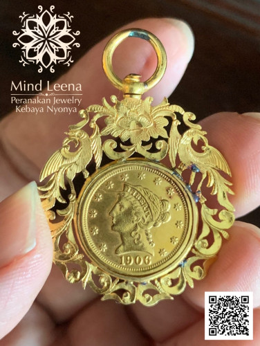 จี้เหรียญกิมตุ้นทองคำโบราณ ปี ค.ศ.1906 อายุมากกว่า 110 ปี เหรียญดอลลาร์ทอง Peranakan Jewelry, Kebaya