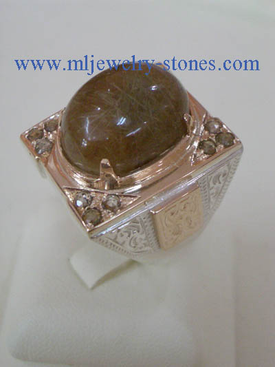 แหวนรูไทร์ควอซต์ (ไหมนาก) ประดับเพชรแท้ สีน้ำตาลเหลี่ยมลูกโลก 1