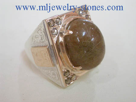 แหวนรูไทร์ควอซต์ (ไหมนาก) ประดับเพชรแท้ สีน้ำตาลเหลี่ยมลูกโลก 10