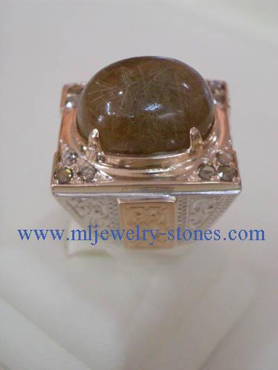 แหวนรูไทร์ควอซต์ (ไหมนาก) ประดับเพชรแท้ สีน้ำตาลเหลี่ยมลูกโลก 2