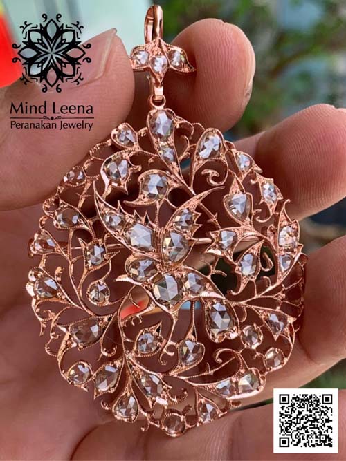 จี้รูปนกตัวเรือนพิงค์โกล์ด 18k ฝังเพชรแท้เหลี่ยมลูกโลก Rose Cut Diamond