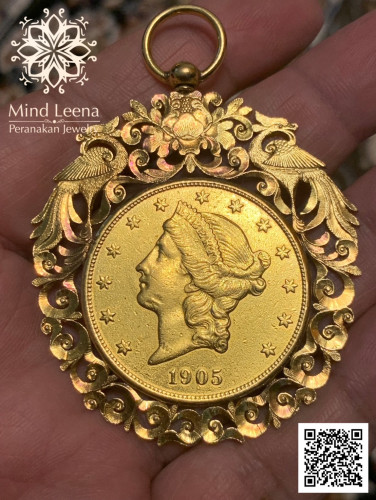 จี้เหรียญกิมตุ้นทองคำโบราณ ปี ค.ศ.1905 อายุมากกว่า 120 ปี เหรียญ 20 ดอลลาร์ทอง