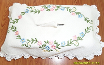 ผ้าหุ้มกล่องกระดาษใส่ทิชชูสี่เหลี่ยมสีขาวปักดอกถักโคเชร์