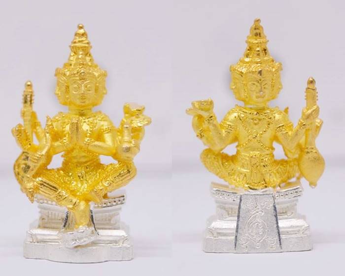 พระพรหมมหาเศรษฐี เนื้อสัมฤทธฺิ์ชุบทองฐานเงิน วัดบางน้ำชน 2558 ขนาด 3.8*2.3 ซม