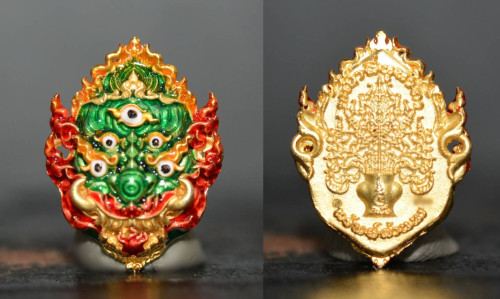 หน้ากากสี่หูห้าตา พิมพ์เล็ก เนื้อบรอนซ์ชุบทองลงยาเขียว ครูบาคำฝั้น วัดกอโชค 2566