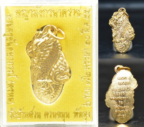 เหรียญพญามังกรนาคราช เนื้อทองทิพย์ชุบทอง หลวงพ่อพรหม วัดบ้านสวน 2555 ขนาด 3.1*1.8 ซม