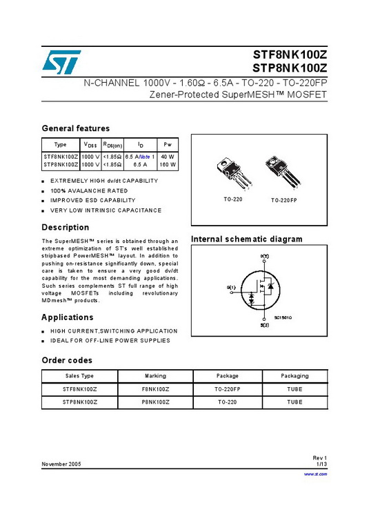 F8NK100Z MOSFET N-CHANEL 150V 51A TO-220/TO263