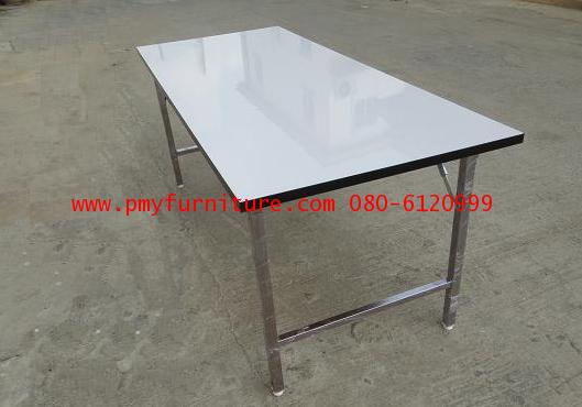 pmy5-12 โต๊ะพับโฟรเมก้าหน้าขาว ขาชุบโครเมี่ยม แบบสี่เหลี่ยมผืนผ้า 75x180x75 ซม.