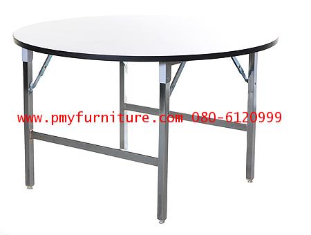 pmy5-13 โต๊ะพับโฟรเมก้าหน้าขาว ขาชุบโครเมี่ยม แบบทรงกลม 120 ซม.