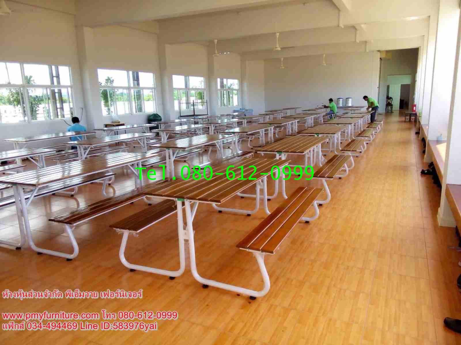 pmy5-3 โต๊ะโรงอาหารขาเขาควาย หน้าไม้สักตีระแนง 1