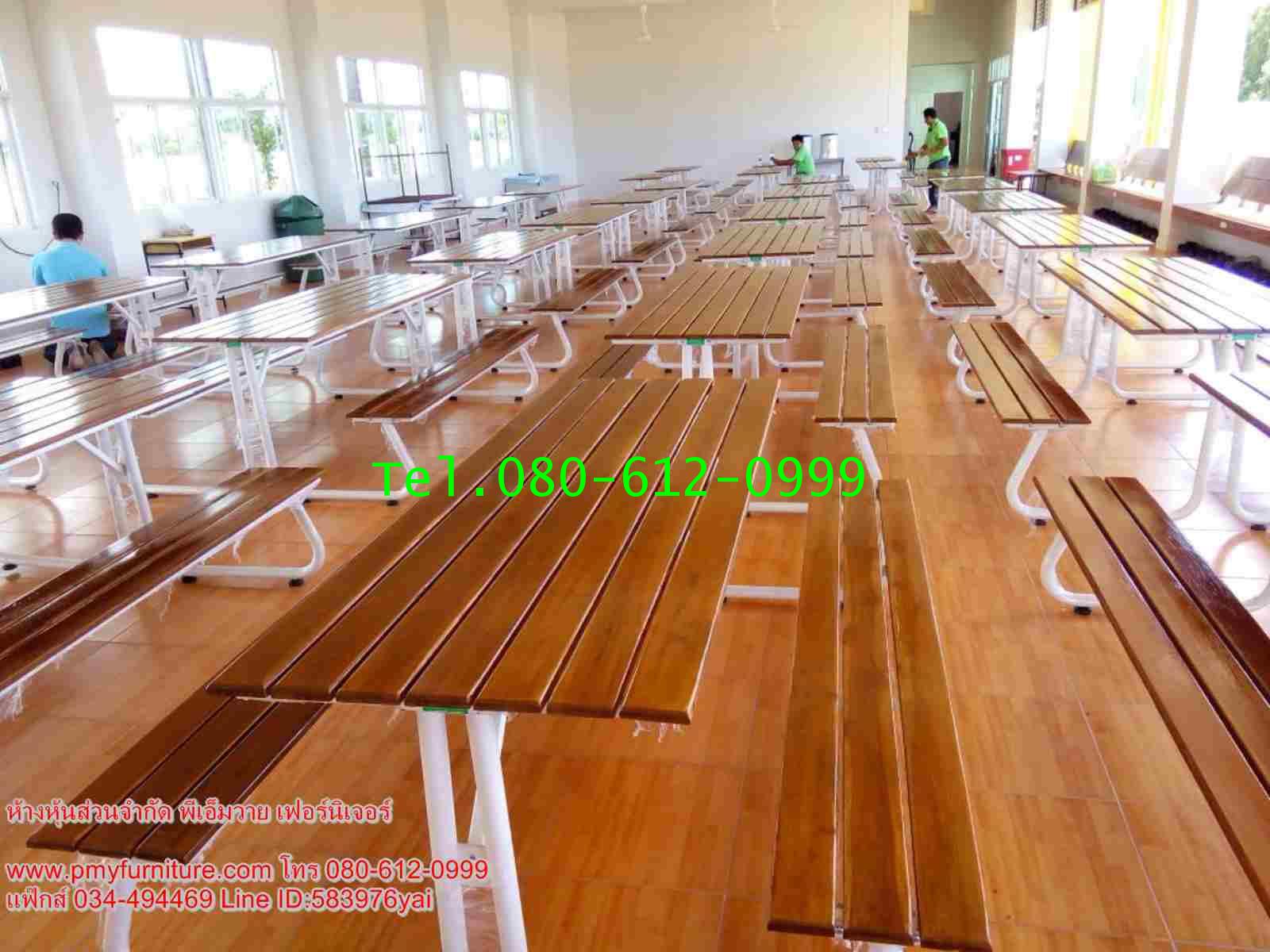 pmy5-3 โต๊ะโรงอาหารขาเขาควาย หน้าไม้สักตีระแนง 2