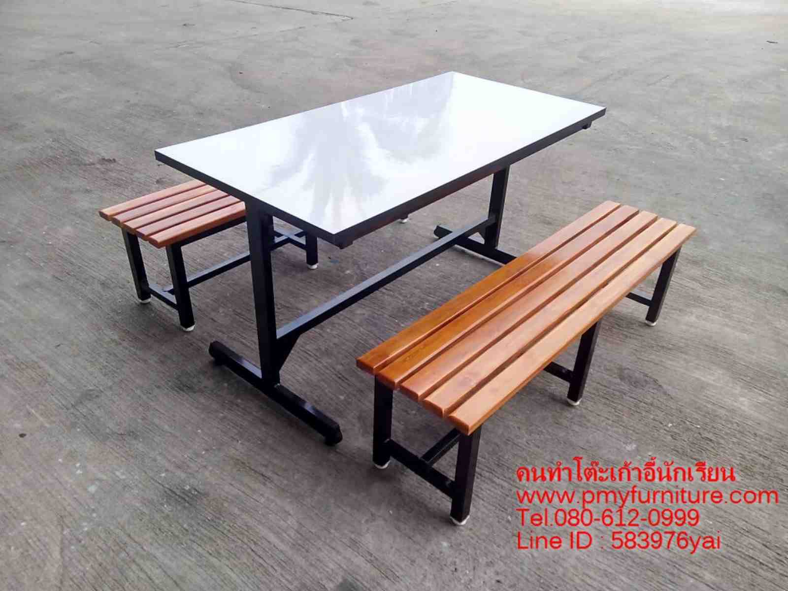 pmy5-16 โต๊ะโรงอาหาร หน้าโฟเมก้า ม้านั่งไม้ระแนง 1