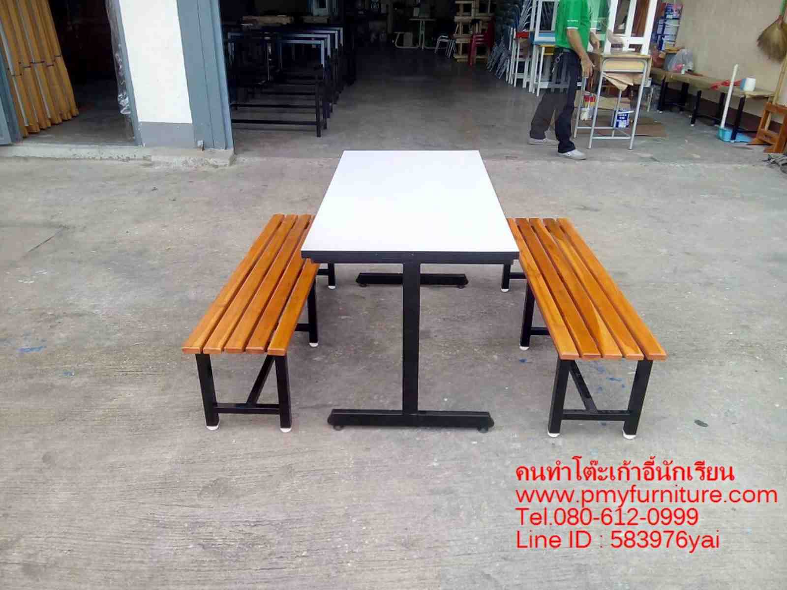 pmy5-16 โต๊ะโรงอาหาร หน้าโฟเมก้า ม้านั่งไม้ระแนง 2