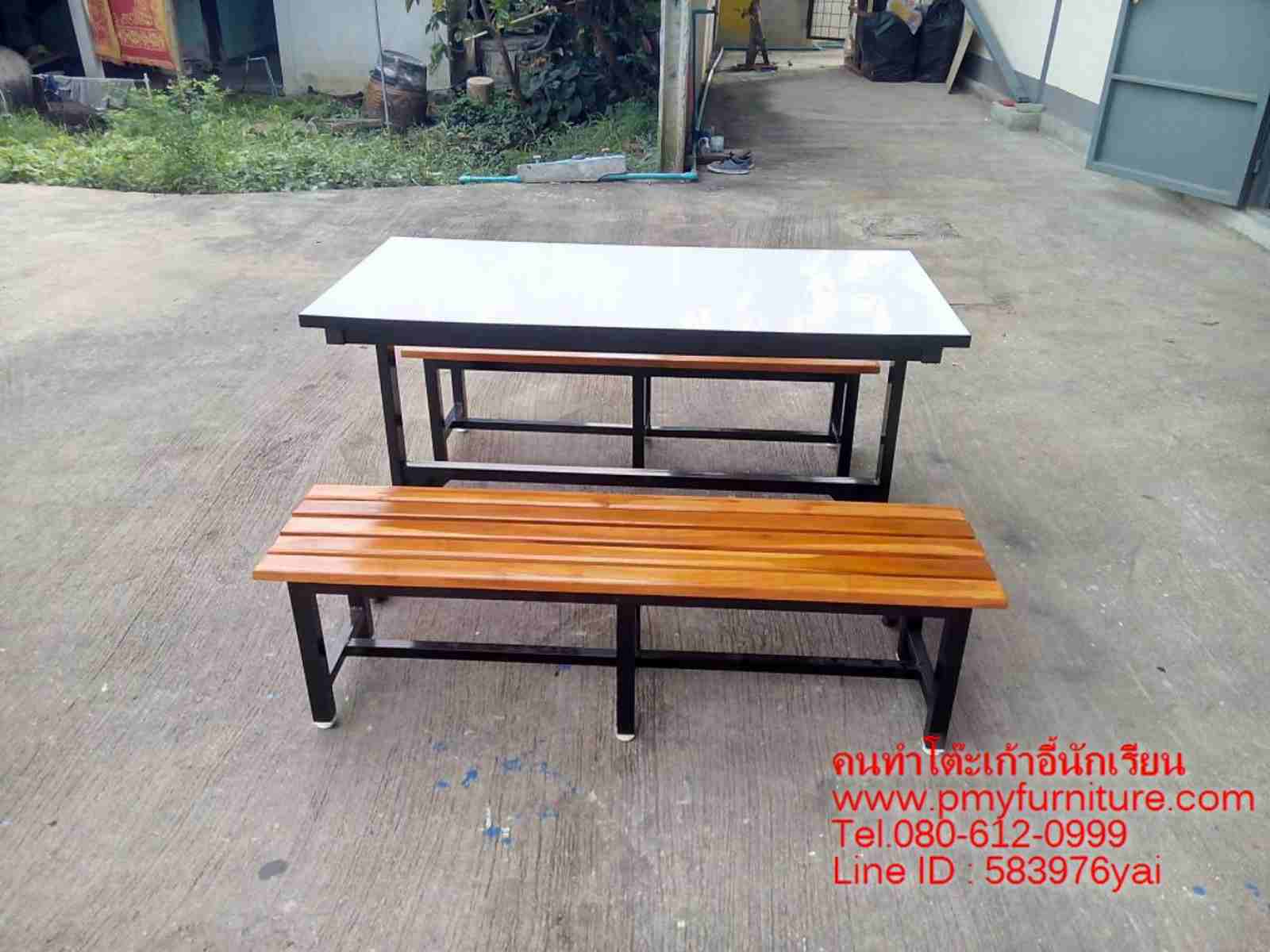 pmy5-16 โต๊ะโรงอาหาร หน้าโฟเมก้า ม้านั่งไม้ระแนง 3