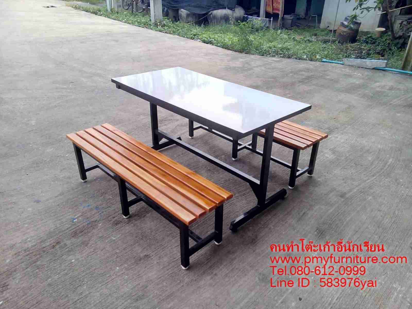pmy5-16 โต๊ะโรงอาหาร หน้าโฟเมก้า ม้านั่งไม้ระแนง 4