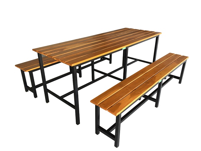 โต๊ะโรงอาหารหน้าไม้สักตีระแนง โครงขาเหล็กแบบขาตาย ยาว 180เมตร kkw23-8