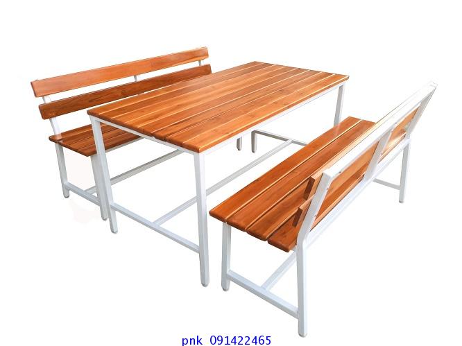 โต๊ะโรงอาหารหน้าไม้สัก ตีระแนงชิด แบบขาตาย ม้านั่งมีพนักพิง ยาว 1.50เมตร kkw23-12