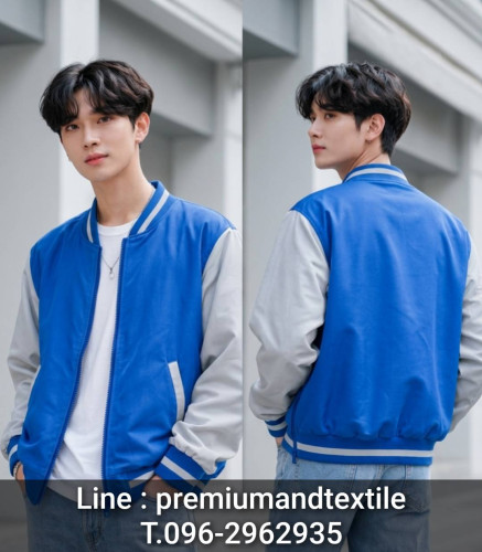 เสื้อแจ๊คเก็ต สีนำ้เงินแขนสีเทา ทรงเบสบอลแบบกระดุม แบบใหม่