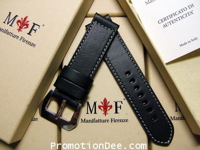 F2-212 24/24 130/85 Black calf leather strap with Polished buckle (white stitch)