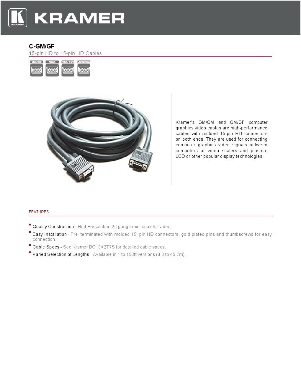VGA Kramer Cable  ยาว 4.6m  (M-M) 1