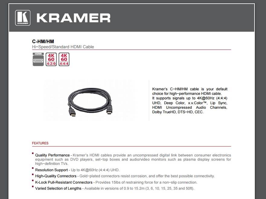 HDMI KRAMER CABLE C-HM/HM-.50(15.2 M) 1