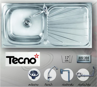 ซิ้งล้างจานแบบฝัง (เทคโน) TECNO 1 หลุม มีที่พักข้าง ขนาด 100/50 เซนติเมตร แถมก๊อกน้ำ