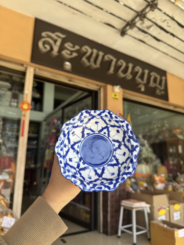 พานกระเบื้อง พานเชิง  พานลายสับปะรด พานลายไทยสีน้ำเงิน  พานลายคราม พานสับปะรด พานเซรามิกส์ 1