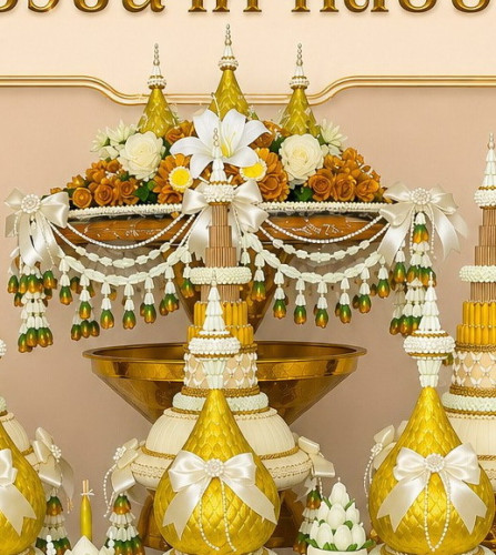 ชุดบวชจัดเซ็ท เครื่องบวชกลีบปทุม ครอบไตร กรวยบวช ต้นเทียน พานขมา กรวยนาค พิมพิธ 5
