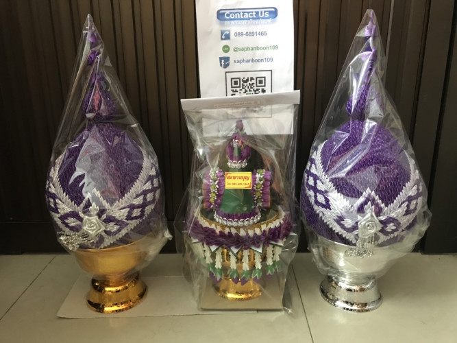 พานพุ่มสีม่วงเข้ม ดิ้นเงิน  พานพุ่มพระเทพ พานพุ่มสีม่วง พานพุ่มพระราชินี 1