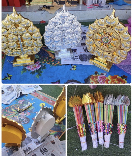 งานไม้แกะสลัก  : ต้นโพธิ์เงินโพธิ์ทอง  ปิดทองประดับกระจก สำหรับเสียบเงิน กฐิน ผ้าป่า 1