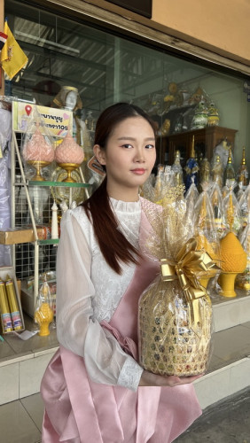 สังฆทานชะลอม เจริญสุข ชะลอมห่อผ้าทอง  ตราศักดิ์มงคลพร ชะลอม 6 นิ้ว สังฆทานงานบวช