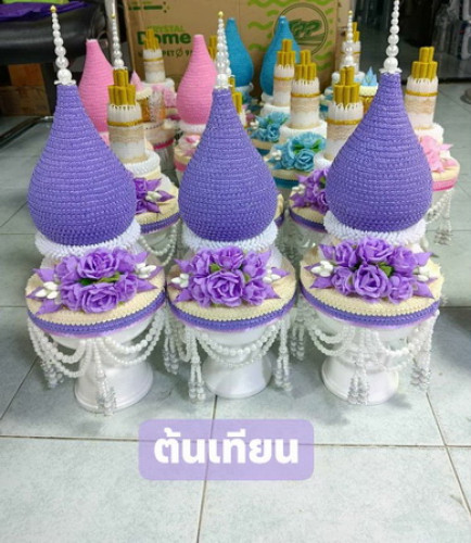 กรวยอุปัชฌาย์ ต้นเทียนอุปัชฌาย์ รุ่นพานเจ้านางทรงเครื่อง  แต่งดอกไม้สวยๆ เลือกสีได้ 3