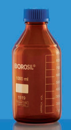 Reagent Bottles, Amber, Wide Mouth, PP Screw Cap & Pouring Ring - Borosil