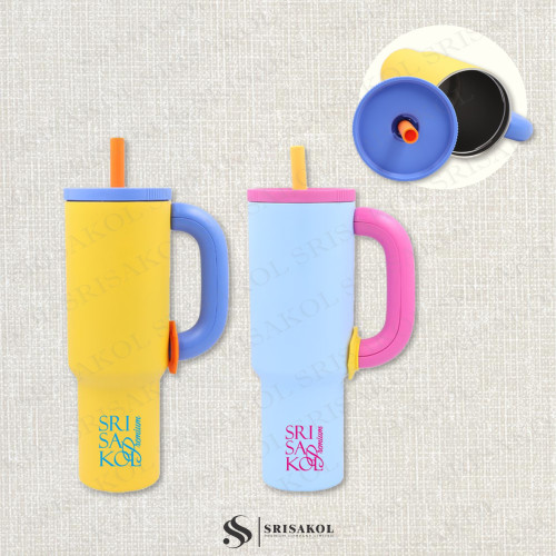 กระบอกน้ำพรีเมี่ยมมีหูจับ สีสันสดใสพร้อมหลอดดูด รหัส A2615-3PS