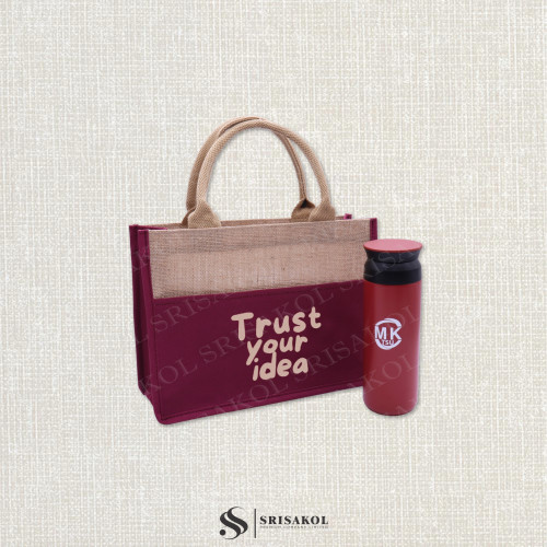 Giftsetของขวัญองค์กร เซทกระเป๋าผ้ากระสอบและกระบอกน้ำ รหัส A2606-3SU