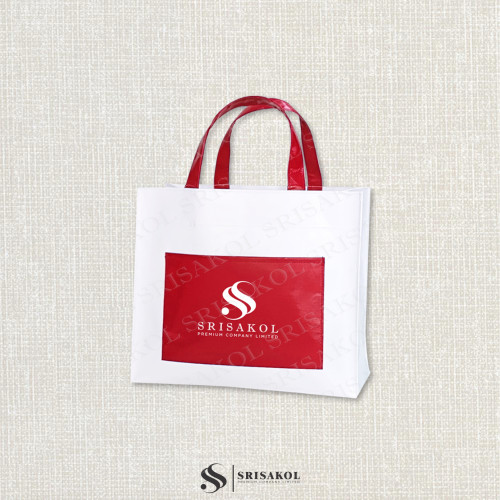 ของที่ระลึกองค์กร กระเป๋าผ้าใบสีขาวสลับสีแดง รหัส A2506-16B